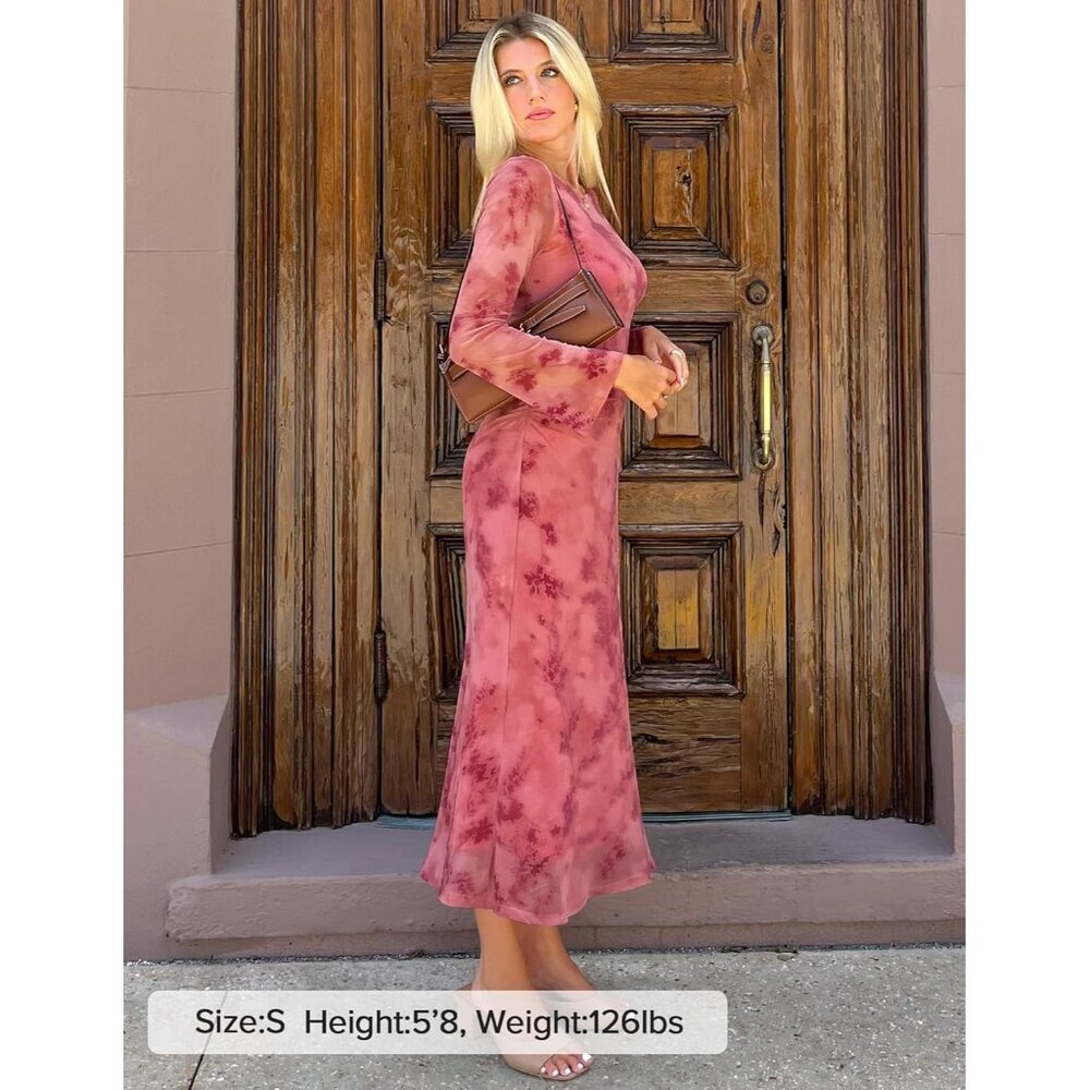 Zesica Women's Tie Dye Pink Ruched Mesh Long Sleeve Floral Bodycon Dress - Picture 6 of 6